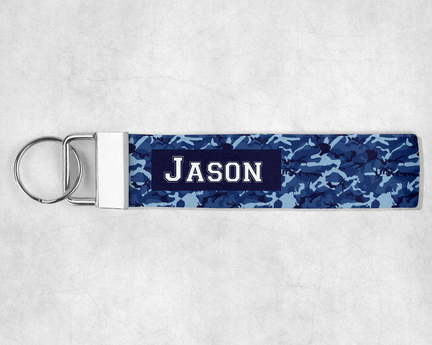 Personalized Blue Camo Key Fob Wristlet